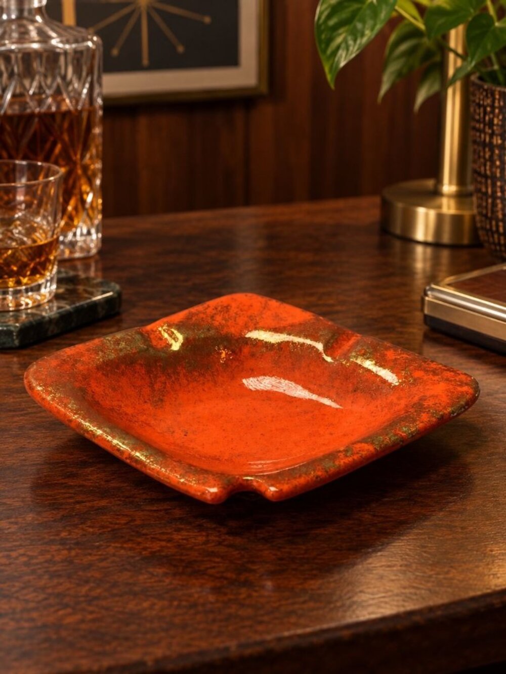 Mid-Century Modern Red Orange Gold Speckled Ceramic Ashtray Trinket Tray Keys